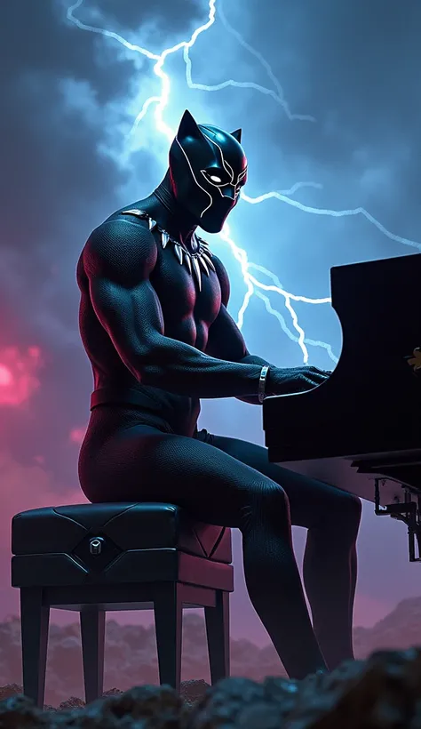 Rock Black Panther marvel by playing the piano with a thunder background and a very rock vibes.