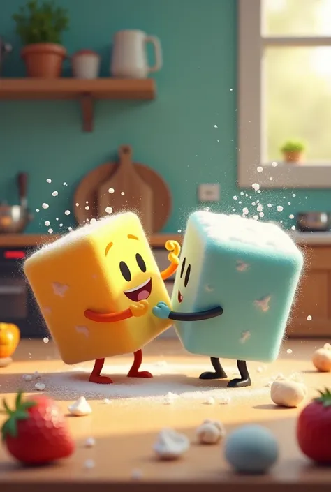 An animated sugar cube fighting an animated salt cube