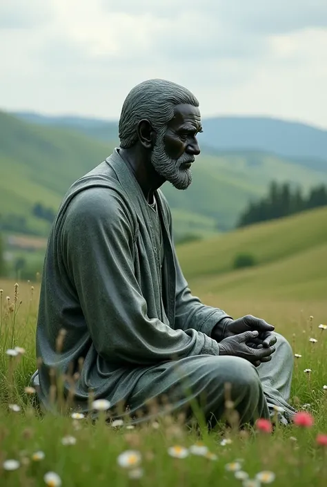 A statue of a stoic Philosopher meditating over a field he looks upon