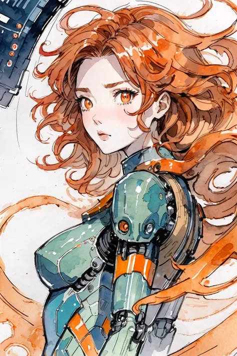 ink and wash, rough ink sketch, full color, watercolor, paper texture, indescribable scifi megastructure at the end of reality, 1girl, woman, summoner, bombshell hair, copper hair with orange highlights, Wavy Lob, average figure, korean