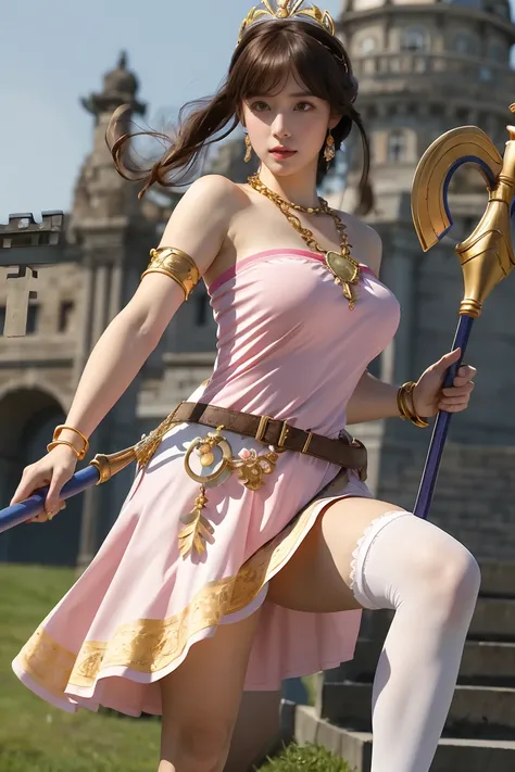 masterpiece, Highest quality, High resolution, hmpa1, pink, Parted bangs, Battle Tiara, Large Breasts, Golden Necklace, Exposing shoulders, Strapless Dress, Arm guard, belt, Blue Dress, White knee socks, Single knee socks, Outdoor, holding staff, staff, Ho...