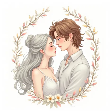 drawning, fancy, Young couple, she with silver hair, he has brown hair, on white background