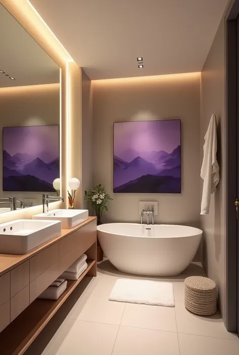 the bathroom items led lights , mirror big and painting small the bathroom painting purpule baño pintado de morado