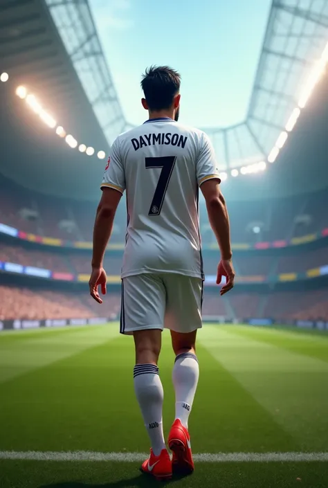 an adult man from the coast with the real Madrid shirt with the name "daymison" number 7, black hair, red boots, walking through the football stadium