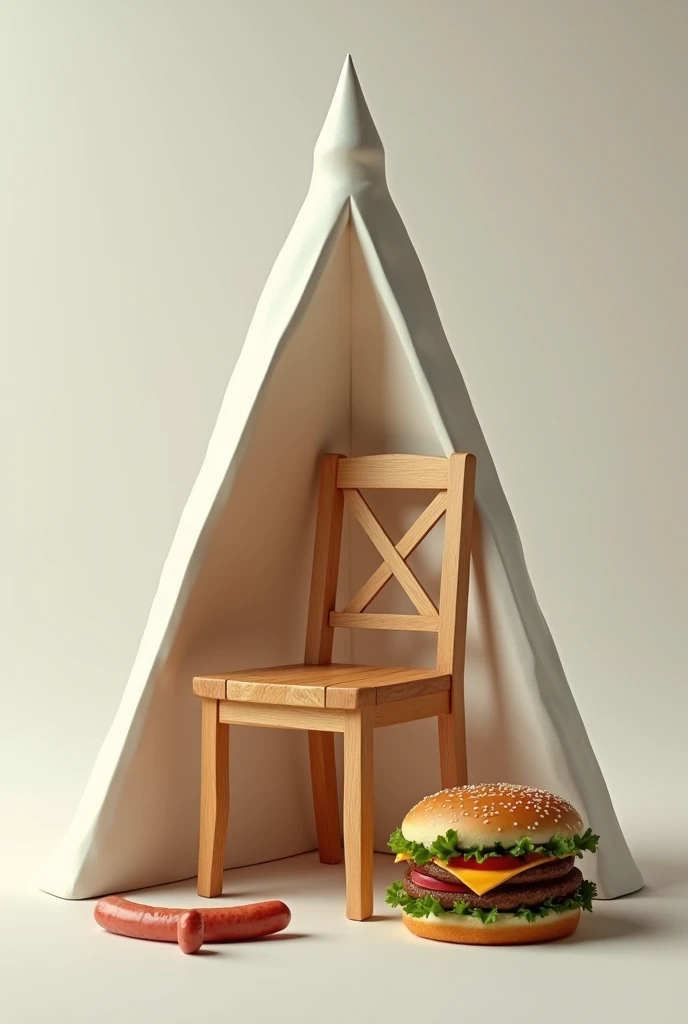 I require an image of a wooden chair in a cone, along with a hamburger and sausage I want for a meme, in a funny way