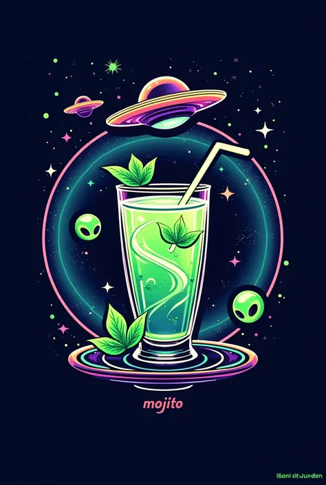 Logo of a cocktail bar wrapped in the world of UFOs and Martian aliens, that is related to mojito cocktails 