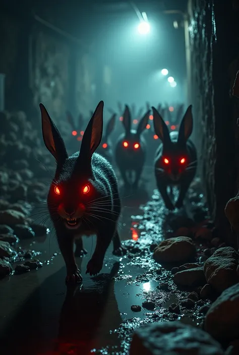 “A large swarm of rabbits, with glowing red eyes and sharp front teeth, scurries through a grimy sewer filled with heaps of trash. The filthy water flows slowly, carrying bits of debris along its murky surface. The scene is dark, illuminated only by the oc...