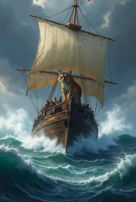 A rough sea with a sailing boat facing forward with a fierce tiger looking ahead 