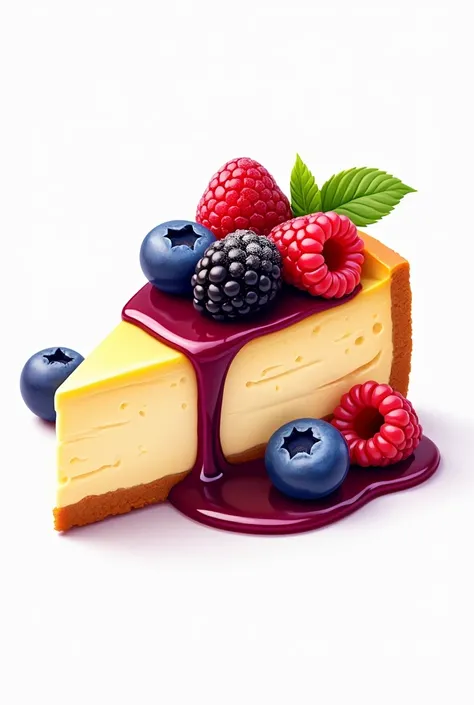 Cheesecake pastry logo with blackberries, blueberries and raspberries, one slice with decoration 