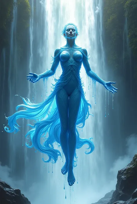 1 with water powers High resolution, floating in a waterfall , with water washing over your body , with clothes formed by water , and the sun shining making the water turn rainbow colored 