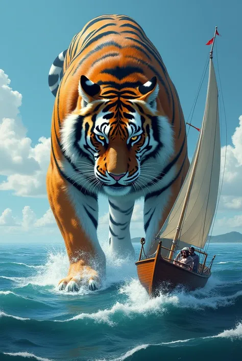 A sea with a sailboat facing it with a fierce tiger looking forward 