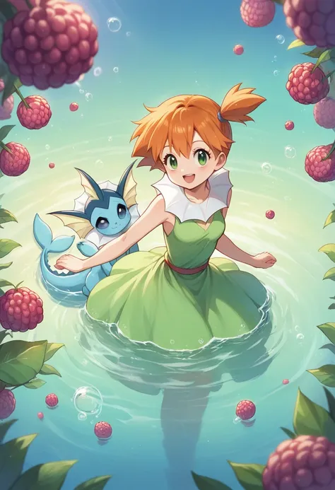 Misty_pokemon , Berry Short,Orange Hair, one side up hair ,Big green eyes,Small breasts,Skinny , soft skin, akanes style. Cardcaptor Sakura style dress. Beautiful dress , dynamic image, cute girl , awesome background, water , bubble, fantastic , sweet smil...