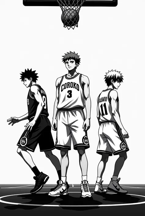 Poster of the series 黒子のバスケ Kuroko no Basuke in black and white with the characters Tetsuya Kuroko, Daiki Aomine, Taiga Kagami

