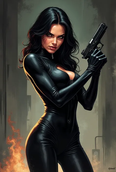 sexy girl, sexy clothes, black clothes, Profile, sexy look, comic illustration style, Retro style, comic, manga, marvel style, Dark, Violent, Armada, aggressive, dark, evil, malevolent, beautiful, white, night, Violento, sonrisa evil, aggressive, comic ill...