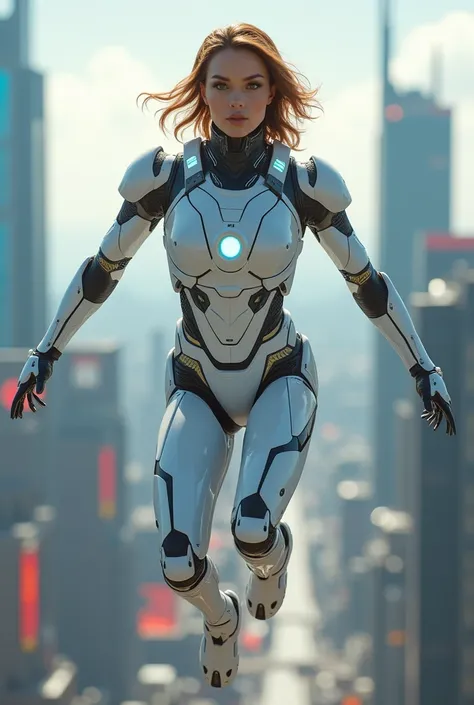 photorealistic image of AI girl in exosuit as supermodel flying like Iron Man does