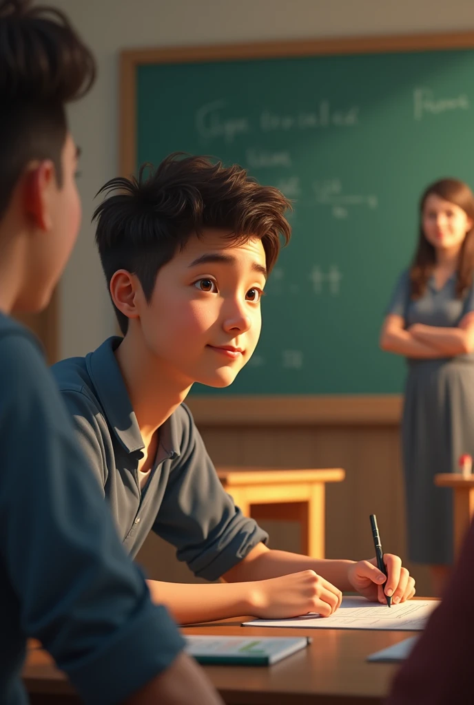 young man listening to his teacher at school