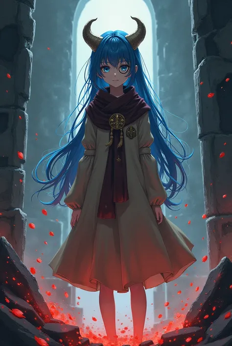 1 Girl,(Blue Hair)),Blue Eyes,Royal sister,Long hair,(loose Long hair),((Knee-length brown phoenix dress)),(胡德角),scarf，With a monocle,night,red flowers falling,Upper Body,ruins,Strong shadows,Ash,fire,ice,((Ink wAsh painting)),((ink splAshing)),((color spl...