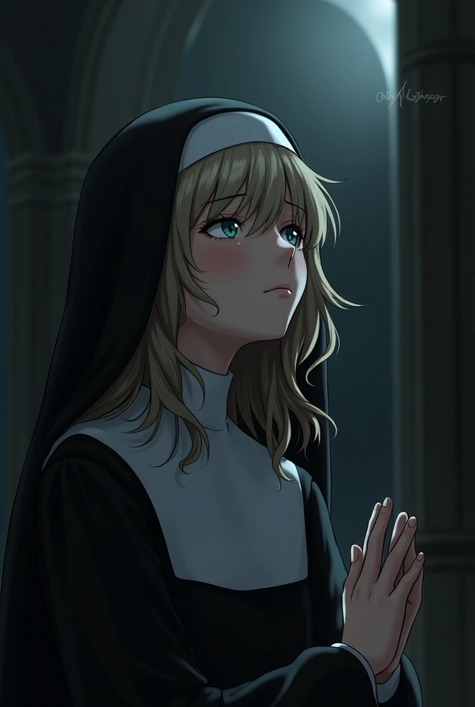 A girl dressed as a nun praying, with wavy hair and something covering her hair, looking up at the sky with little tears in a little dark realistic 