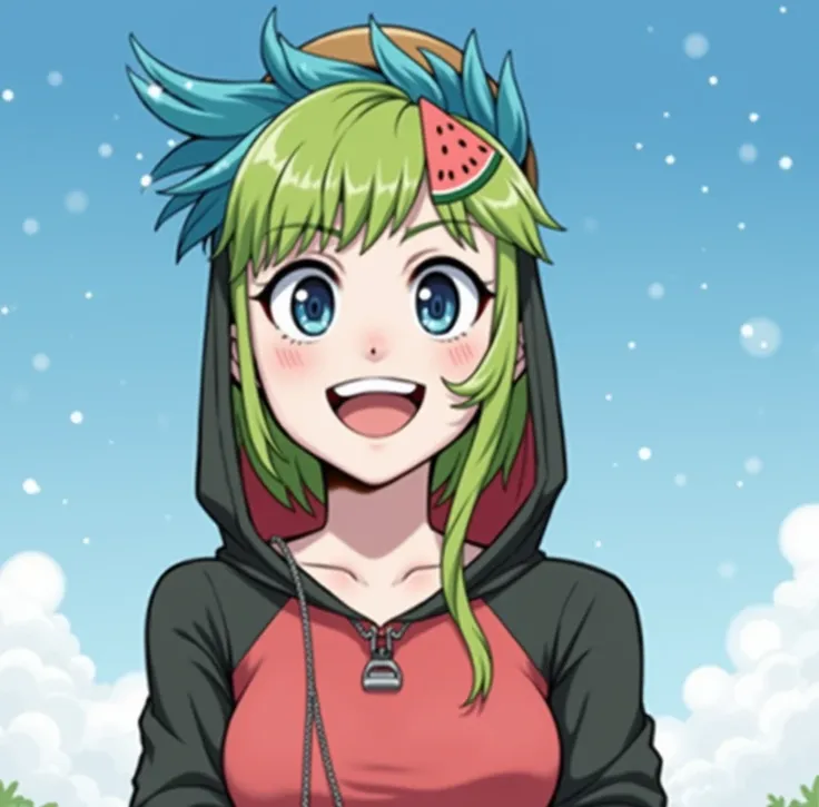 A young man with blue hair wearing a hat, a shirt, and pants, holding an object, with a full-body view, focused on the male subject, wearing red sneakers, with black eyes, a girl with green hair and a watermelon hairclip