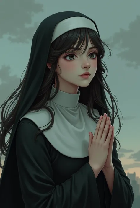 A girl dressed as a nun praying, with wavy hair and something covering her hair, looking up at the sky with little tears in realistic a little dark like art from before not anime 