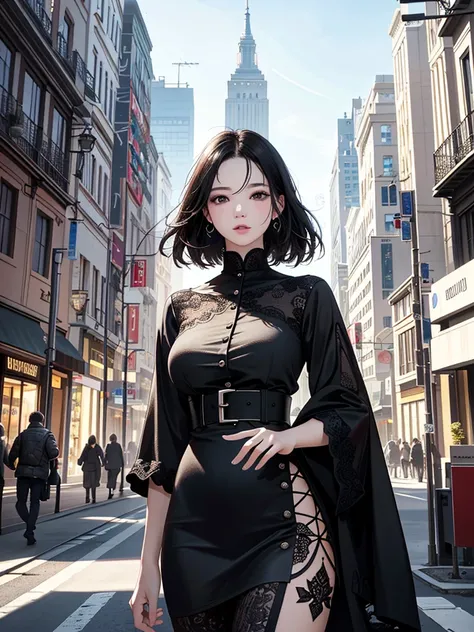 (Masterpiece、Ultra-high resolution、Detailed expression、Beautiful depiction、8k、Highest quality、Artwork:1.2)、(Giant:1.3)、Beauty、whole body、Beautifully detailed face、Over the city、A towering presence、Black Hair、Casual wear、skyscraper