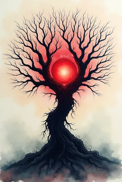 Watercolor of a tree of life with no flowers or leaves on its branches and its roots intertwined with a bright, blood-red philosopher&#39;s stone.