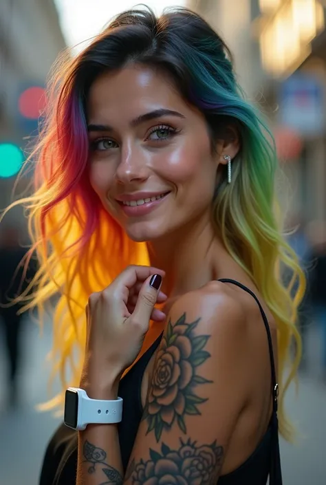 A 4K portrait of a 30-year-old brunette Argentinian woman with rainbow-colored blonde hair and emerald green eyes. She is depicted with a perfect smile, wearing a white smartwatch on her wrist, and showcasing tattoos on her arm. Her elegant clothing comple...