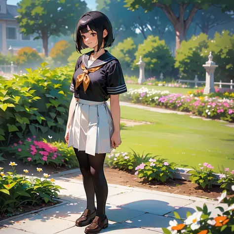 (Highest quality, High resolution, Super detailed, Realistic:1.37), Peaceful atmosphere, (Outdoor, garden), Teenage girl standing alone,(my breasts are big.),Beautifully detailed features, Cute Smile, ((Black bob hair)),Short-sleeved sailor uniform, Pleate...