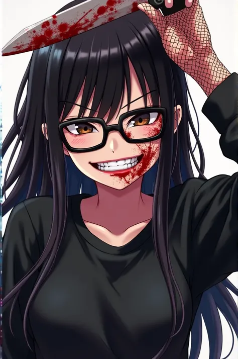 A black-haired girl with brown eyes and black glasses with blood on her face, with a knife in hand with blood, black sweatshirt with rolled up sleeves and wears fishnet gloves with a psychotic expression anime style image 