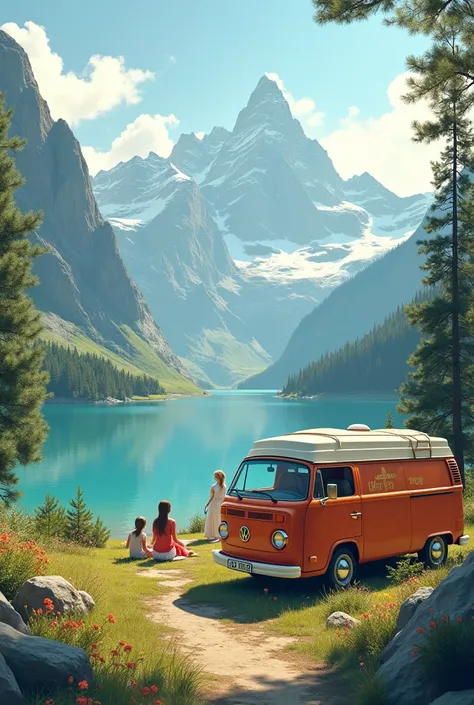 A Westfalia combi with a family of the Pope, the mother and the daughter, enjoying next to a lake in the mountains