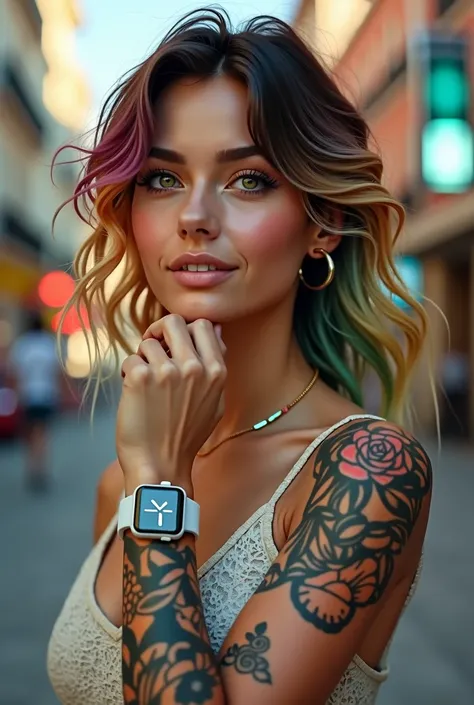 A 4K portrait of a 30-year-old brunette Argentinian woman with rainbow-colored blonde hair and emerald green eyes. She is depicted with a perfect smile, wearing a white smartwatch on her wrist, and showcasing tattoos on her arm. Her elegant clothing comple...