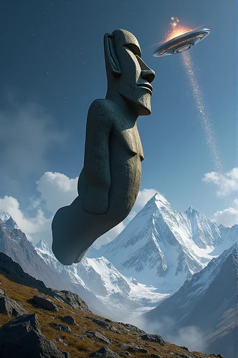 A Moai stone jumping over Mount Everest while a UFO crashes in the background and stars begin to fall from the sky