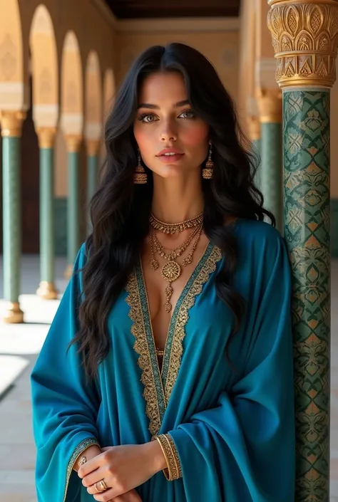 (photorealism:1.2), portrait of  beautiful woman inside Alhambra with very Long hair black, blue kaftan, gold jewelry, Al andalus Era, islamic vibe, arabic woman.