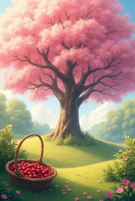 A serene landscape featuring a majestic cherry tree in full bloom, its delicate pink petals gently falling to the ground. Beneath the tree, a woven basket brimming with freshly picked cherries rests on the lush green grass. The scene is bathed in the soft,...