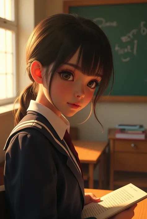 a classroom scene with a young student standing in front of a chalkboard reading, beautiful detailed eyes, beautiful detailed lips, extremely detailed eyes and face, long eyelashes, school uniform, focused expression, warm lighting, detailed classroom inte...