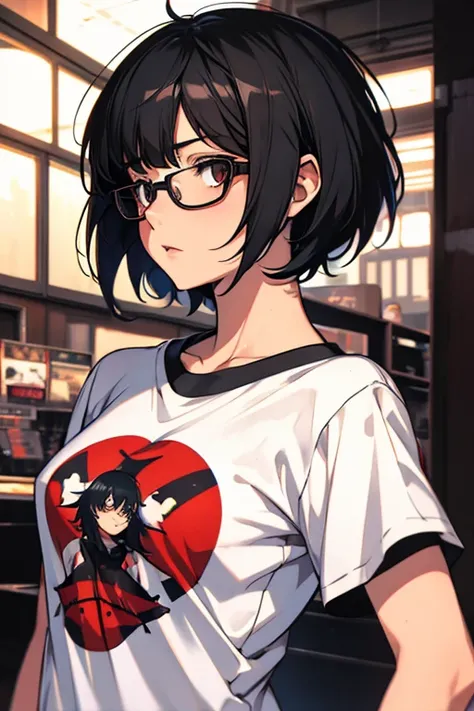 an anime girl with short black hair with bangs with round glasses wearing a limp bizkit shirt