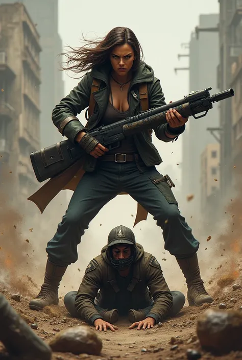 Angry chick with a very big gun and stepping on a chick With a war background