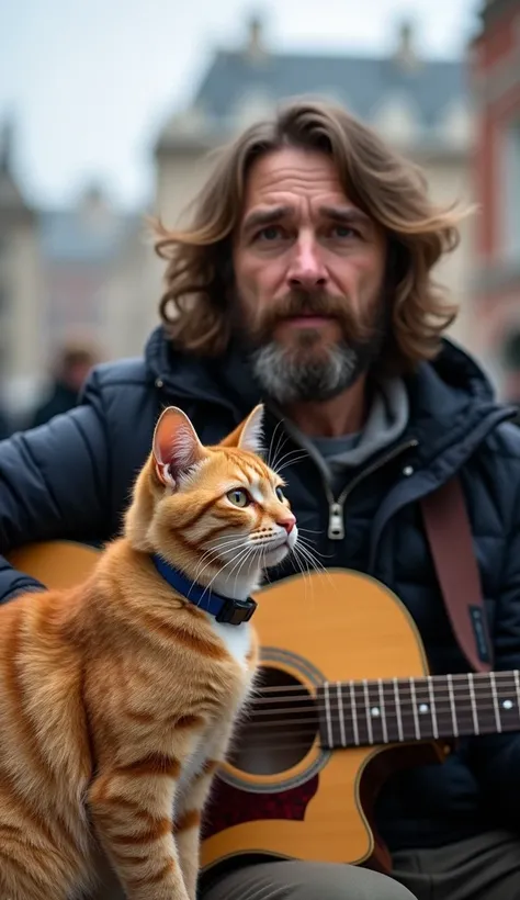 8k, high-quality, photograph, ginger tabby cat with blue collar sitting next to man (british, homeless, age 41, long brown hair: 1.2, short stubble: 1.3, wearing dark jacket) with guitar, street performer setting, London landmarks in background