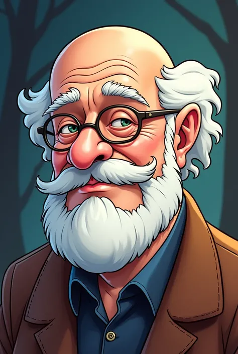 Fritz Perls, psychiatrist, slightly chubby, bald with white hair only on the sides, white bearded, bushy eyebrows, doesn&#39;t wear glasses, has some wrinkles. drawing version (in the style of drawing/animation "scooby doo")