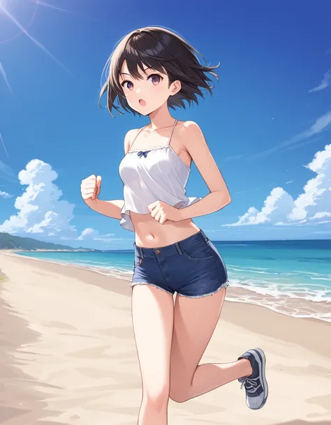 Girl with small breasts, short jeans white blouse, Running on the beach ,short hair 