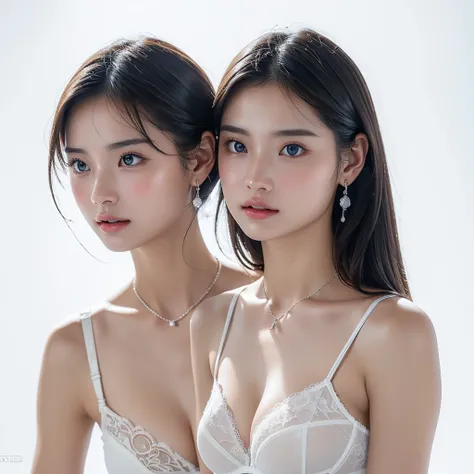 White Background、Professional Lighting、(((Professional Lighting 1.5)))、Translucent skin texture、Beautiful Skin、Beautiful Skin、、(((Whitening 1.5)))、White bra、See through、、Ecstasy of Musical Notes、((White bra1.5))、See through1.5、Bust up photo、Simple earrings...