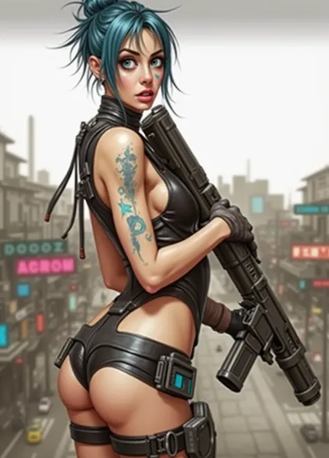 /imagine a drawing with lines and brush paintings, with watercolor touches, of a cyberpunk warrior, make a stylized drawing, in the style of illustrator Otto Schmidt, she wears leather clothes, blue neon details, blue hair, war paint on her face, wielding ...