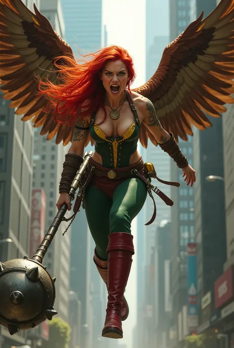 (((In extreme close-up a beautiful red-haired woman (((wearing a (((Corset in green leather with yellow))) in the middle and (((Cali green leggings with red shorts or thong over the leggings))) red boots on a sheepdog Mace in a metal ball placed on the end...