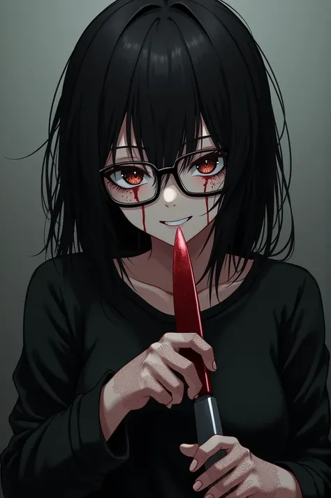 A black-haired girl with brown eyes and black glasses with blood on her face, with a knife in hand with blood, black sweatshirt with rolled up sleeves and wears fishnet gloves with a yandere anime style expression 