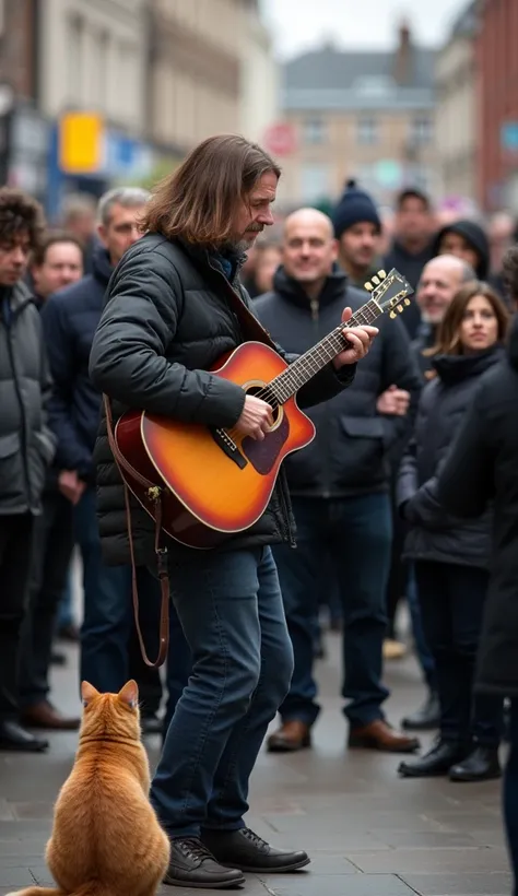 k, high-quality, photograph, crowd gathered around street performer (man: british, homeless, age 41, long brown hair: 1.2, short stubble: 1.3, wearing dark jacket) playing guitar, ginger tabby cat sitting nearby, London street scene, excited onlookers