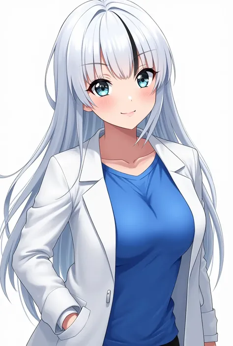 a white girl in anime style wearing a white jacket and blue shirt with white hair with black tip with black hair tips, with breasts and ass 