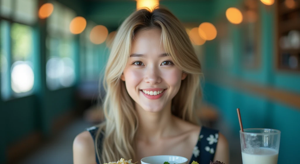 a young asian woman with long wavy hair wearing a summer dress, sitting at a table, food on the table, smiling, (high detail skin:1.2), 8K UHD, Digital SLR, High quality, filmgrain, Fujifilm XT3, perfect figure, (beautiful woman:1.4), ((wavy hair)), RAW ph...