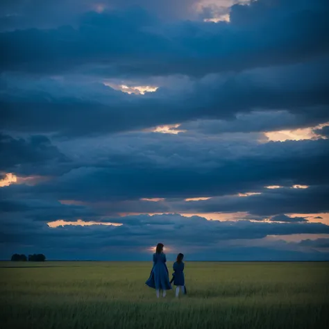 "Two figures stand in a vast, open field, gazing up at the sky. The sky is a brilliant shade of blue, filled with dramatic, towering clouds that stretch out endlessly. The light from the sky creates a soft glow on the figures and the grass, giving the scen...