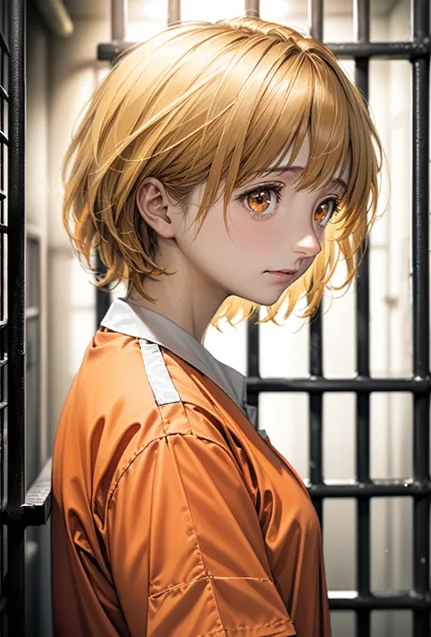 ((realism)), extremely high quality RAW photograph, Detailed Background, Complex, Messy Hair, Exquisite detail and texture, Very detailed, photograph (Allison Mack) In a prison cell, (wearing orange prison uniform:1.3), Looking away from the camera, 超詳細なph...