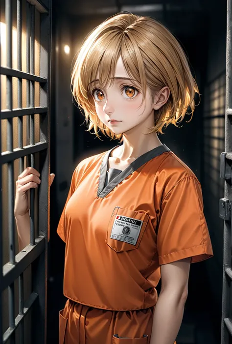 ((realism)), extremely high quality RAW photograph, Detailed Background, Complex, Messy Hair, Exquisite detail and texture, Very detailed, photograph (Allison Mack) In a prison cell, (wearing orange prison uniform:1.3), Looking away from the camera, 超詳細なph...